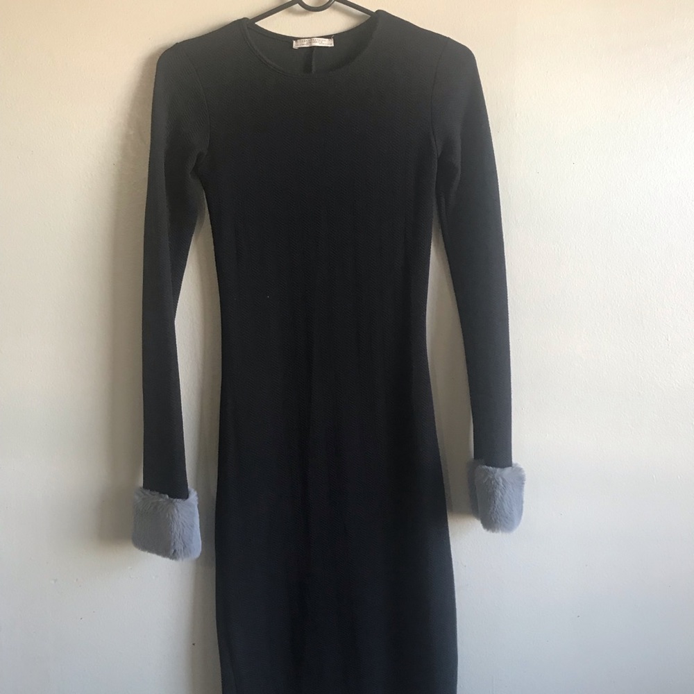 Black dress with fur accented sleeves